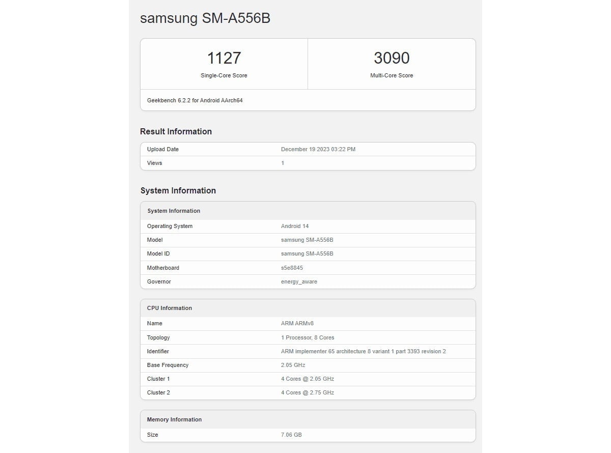 مشخصات گلکسی A55 در تست GeekBench
