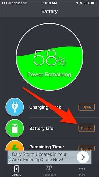 گزینه های سلامت باتری آیفون در برنامه Battery Life Doctor 