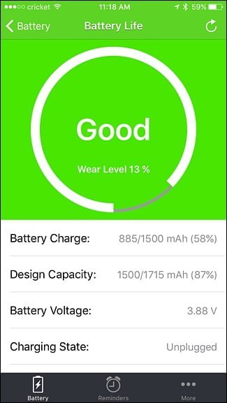 ظرفیت شارژ کل باتری آیفون در برنامه Battery Life Doctor 