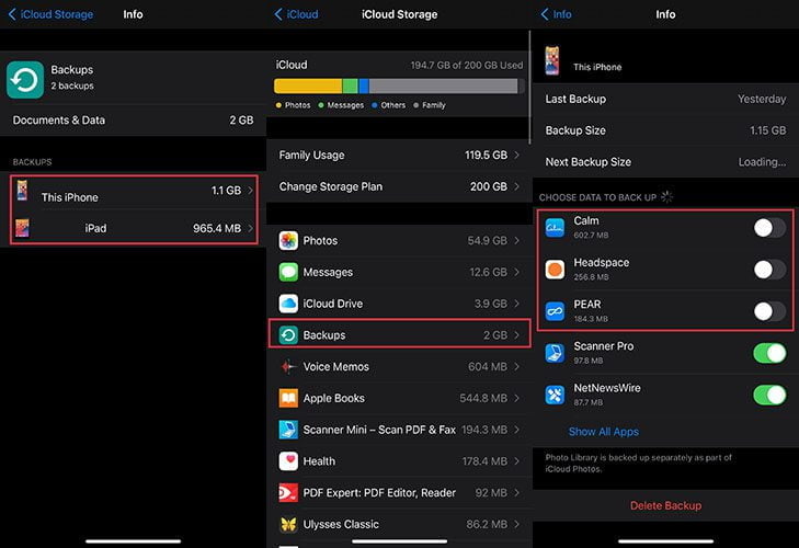 ازاد کردن فضای ذخیره سازی icloud: اندازه فایل پشتیبان برای هر دستگاه در iCloud