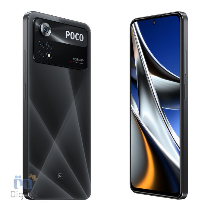 نمای زاویه دار قاب پشت و صفحه نمایش گوشی پوکو x4 pro