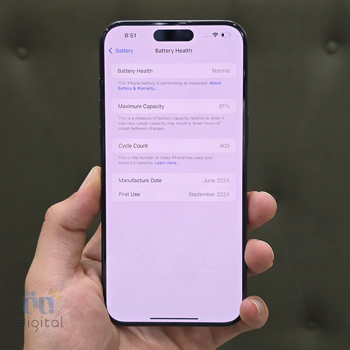 گوشی موبایل اپل مدل iPhone 15 pro max دو سیم کارت حافظه 256 گیگابایت – کارکرده | نمای صفحه باتری