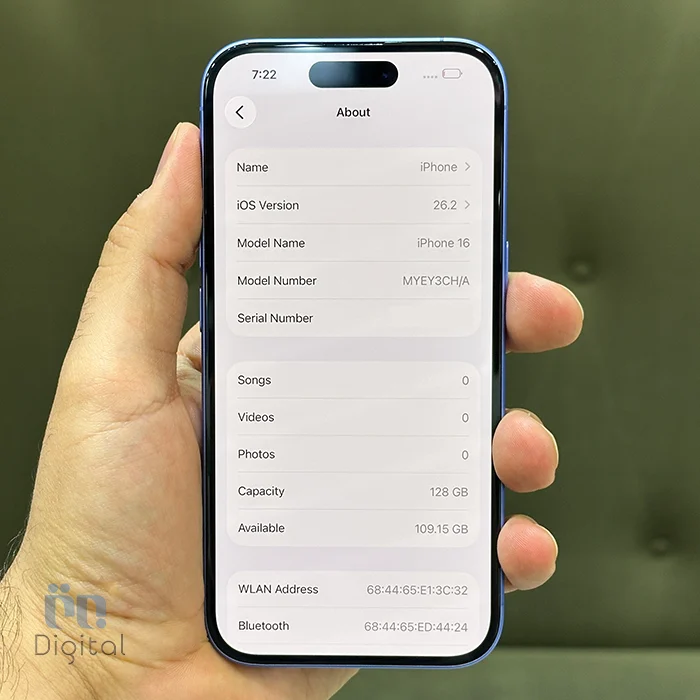 گوشی موبایل اپل مدل iPhone 16 CHA دو سیم کارت حافظه ۱۲۸ گیگابایت – در حد نو | نمای صفحه مشخصات