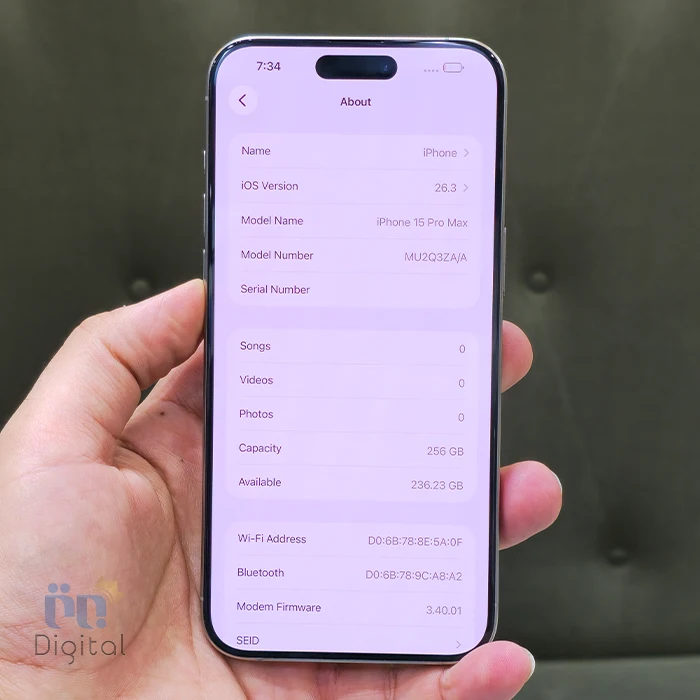 گوشی موبایل اپل مدل iPhone 15 Pro Max ZAA دو سیم کارت حافظه ۲۵۶ گیگابایت – کارکرده | نمای صفحه مشحصات
