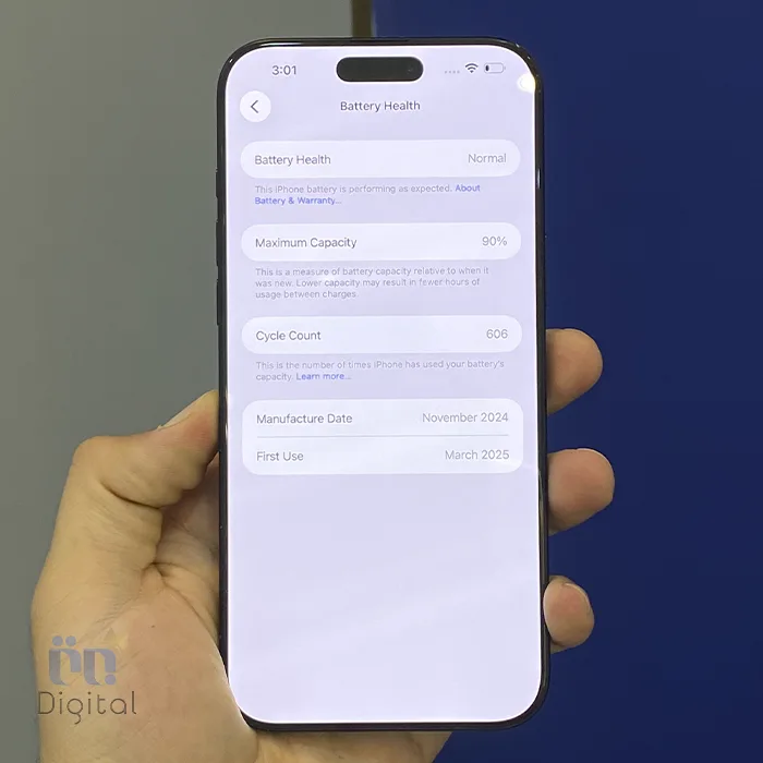 گوشی موبایل اپل مدل iPhone 16 Pro Max ZAA دو سیم کارت حافظه ۲۵۶ گیگابایت – کارکرده |‌نمای صفحه مشخصات باتری